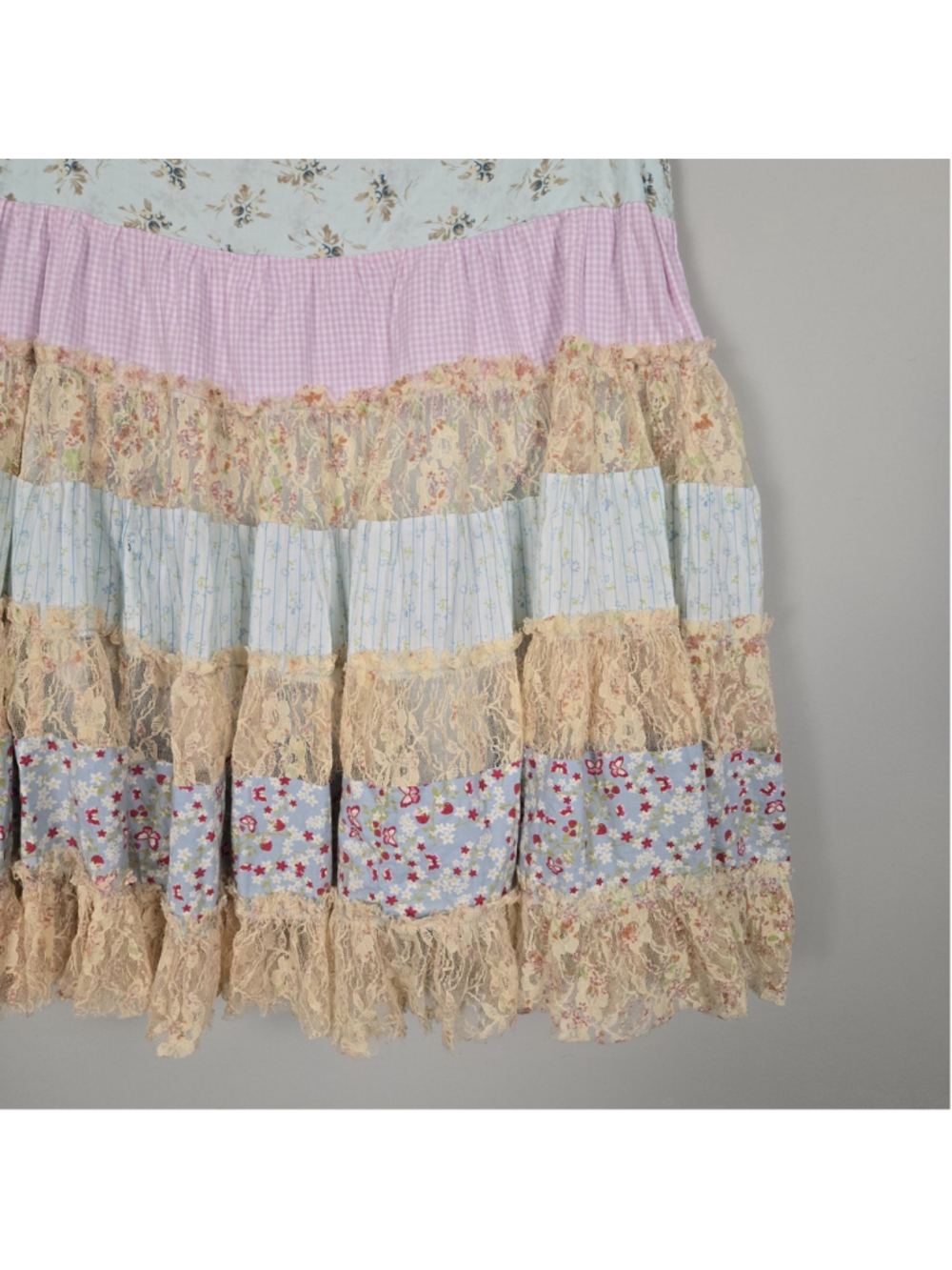 Luna Luz Womens Patchwork Lace Tiered Midi Skirt Medium Boho Cottage Prairie - Picture 3 of 7